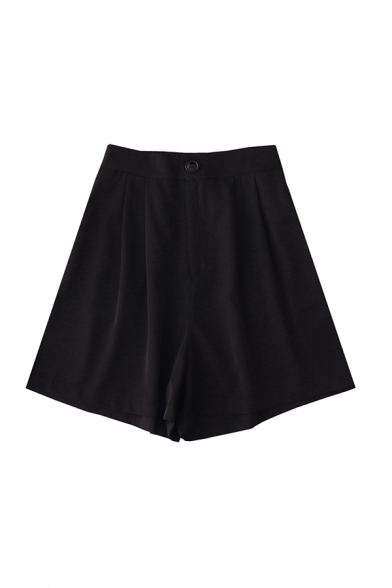 Hot Summer Womens Solid Color Pockets Pleated Zipper Button Detail Elastic Waist Wide Leg Shorts, Black;blue, LM646178
