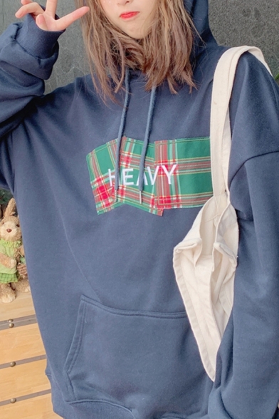 Korean Girls Letter Heavy Embroidery Plaid Patched Long Sleeve Drawstring Kangaroo Pocket Relaxed Hoodie