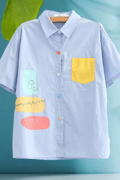 Lovely Girls Formular Printed Contrasted Panel Pocket Colorful Button up Short Sleeve Point Collar Loose Shirt