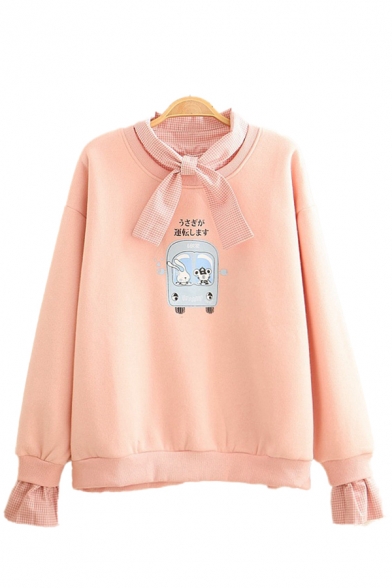 Lovely Girls Sherpa Lined False Two Piece Cartoon Graphic Checkered Patched Long Sleeve Bow Tied Neck Relaxed Pullover Sweatshirt