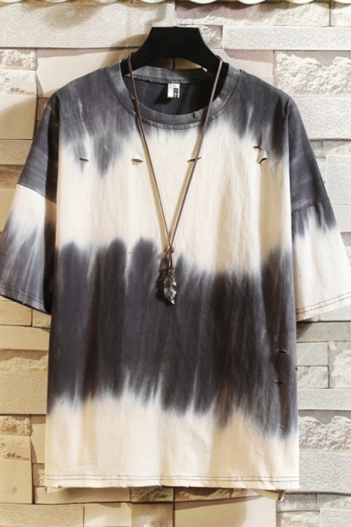 Mens Cool T-Shirt Tie-dye Ripped Crew Neck Short Sleeve Fitted T-Shirt