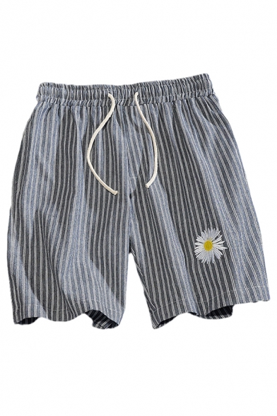Mens Creative Shorts Daisy Striped Printed Drawstring Regular Fitted Fitted over the Knee Lounge Shorts with Pockets