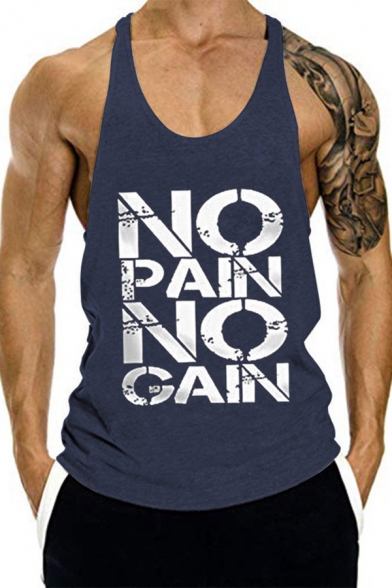 NO PAIN NO GAIN Letter Printed Sleeveless Scoop Neck Gym Muscle Tank Men Tee