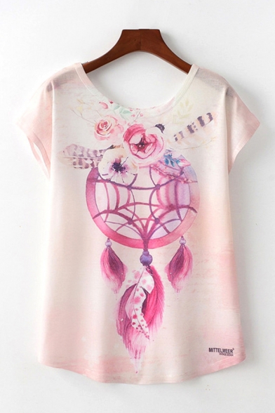 Pink Fancy Dreamcatcher Printed Short Sleeve Round Neck Loose Tee Top for Women