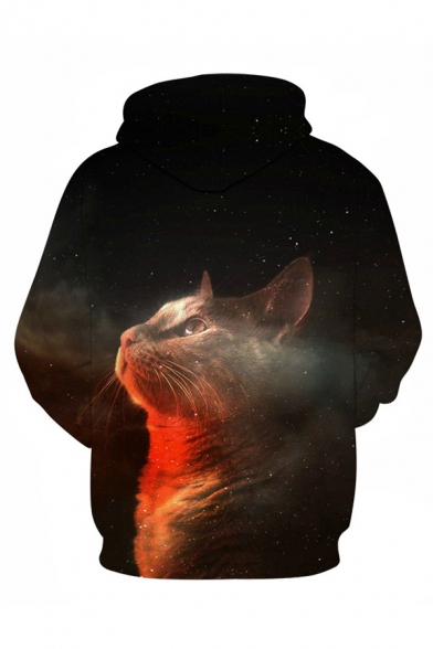 Popular Mens 3D Galaxy Cat Pocket Drawstring Long Sleeve Regular Fit Hooded Sweatshirt in Black