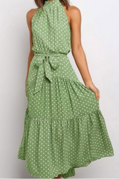 Popular Womens Polka Dot Print Sleeveless Halter Bow Tie Waist Ruffled Long Pleated A-line Dress in Green