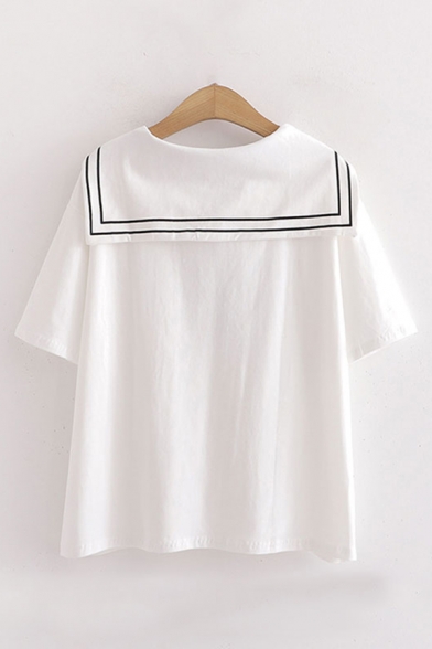 Preppy Girls Pocket Bear Printed Short Sleeve Striped Sailor Collar Tie Front Relaxed Tee Top
