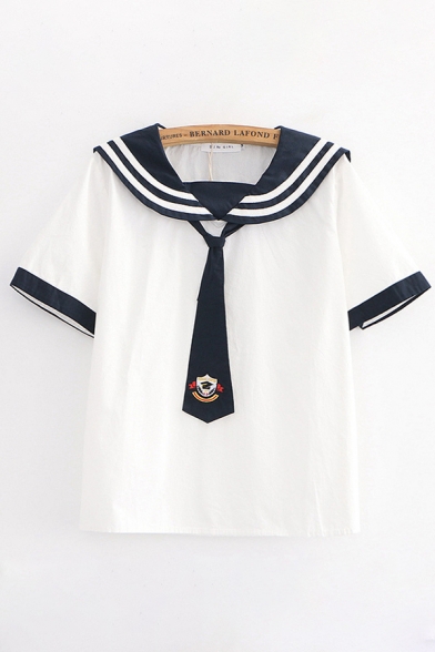 Preppy Looks Contrasted Short Sleeve Striped Sailor Collar Badge Embroidered Tie Relaxed Tee Top for Girls