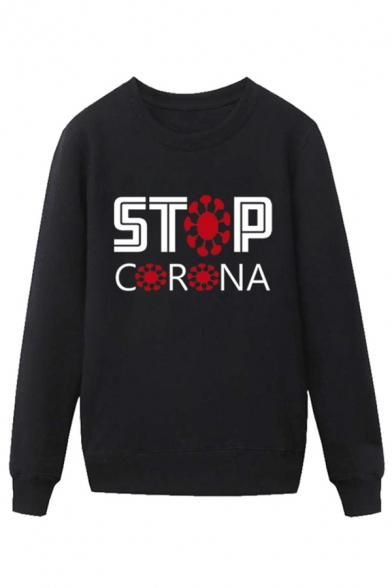 Simple Mens Virus Letter Stop Corona Printed Pullover Long Sleeve Round Neck Regular Fitted Graphic Sweatshirt