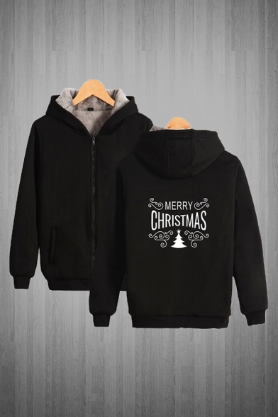 Stylish Boys Letter Merry Christmas Tree Graphic Long Sleeve Zipper Front Sherpa Liner Loose Hoodie