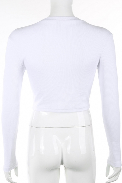 Stylish Ladies Plain Long Sleeve Crew Neck Knitted Fit Cropped Tee in White