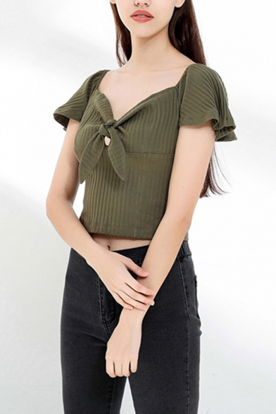 Stylish Womens Knitted Butterfly Sleeves V-neck Bow Tied Front Slim Fit Cropped Tee Top in Army Green