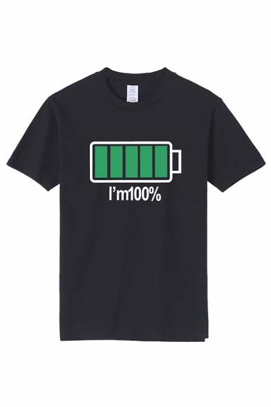 Trendy Battery Letter I Am 100 Percent Printed Short Sleeve Round Neck Regular Fit T-Shirt for Men