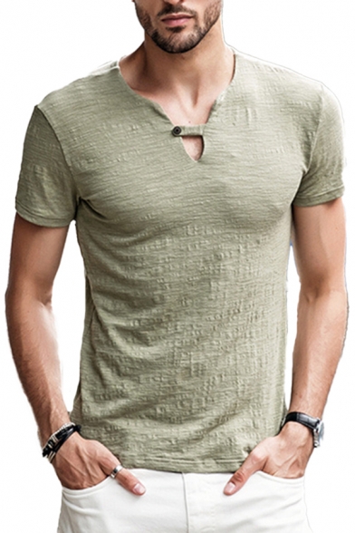 Trendy Mens Solid Color Henley Collar Short Sleeve Regular Fit T-Shirt