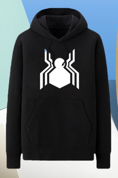 Trendy Mens Spider Pattern Pocket Drawstring Long Sleeve Regular Fit Hooded Sweatshirt