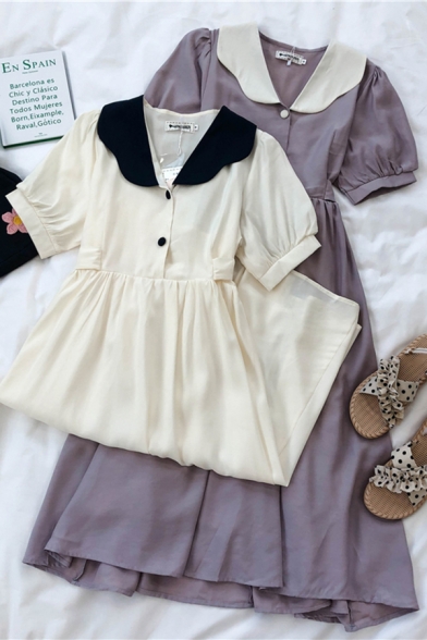 Trendy Summer Button Pleated Bow Back Patchwork Peter Pan Collar Short Puff Sleeve Midi A Line Dress for Girls