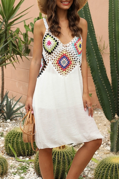 Tribal Womens Crochet V-neck Spaghetti Straps Short A-line Slip Dress in White