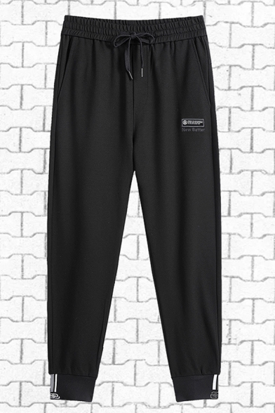 Basic Mens Black Letter Printed Drawstring Waist Ankle Length Cuffed Relaxed Fit Sweatpants