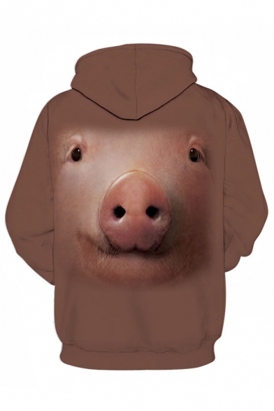 Chic Mens 3D Pig Printed Pocket Drawstring Long Sleeve Regular Fitted Hooded Sweatshirt