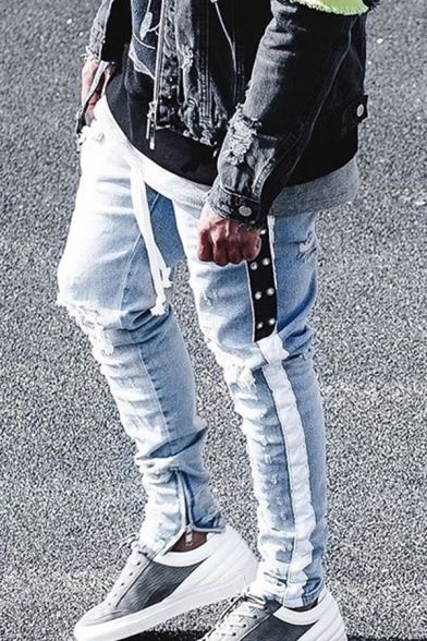 Chic Mens Jeans Light Wash Ripped Tape Zipper Pocket Mid Rise Full Length Slim Fitted Jeans