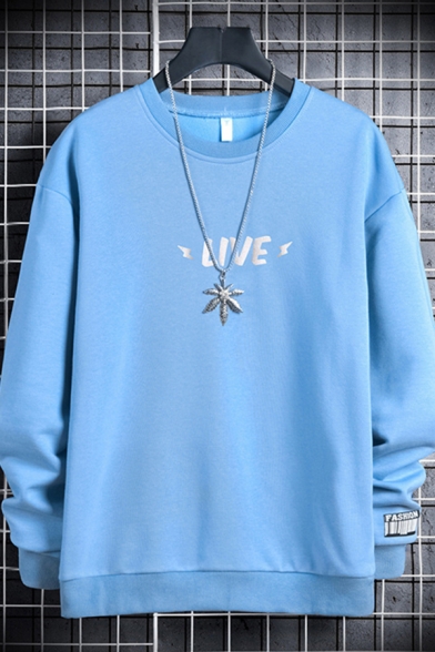 Chic Pullover Sweatshirt Letter Live Printed Round Neck Cuffed Long Sleeve Regular Fit Pullover Sweatshirt for Men