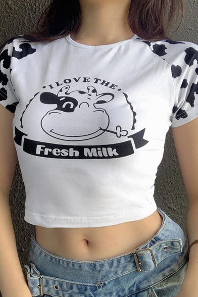 Cool Girls Letter Fresh Milk Cow Graphic Short Sleeve Crew Neck Slim Fit Cropped T Shirt in White