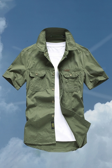 Cool Mens Solid Color Applique Pocket Button up Short Sleeve Point Neck Regular Fit Shirt in Green