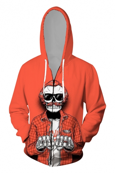 Creative Mens 3D Skull Letter Dead Loser Printed Zip Pocket Drawstring Long Sleeve Regular Fitted Hooded Sweatshirt