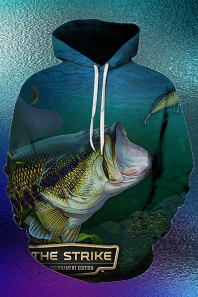 Creative Mens Fish Letter the Strike 3D Printed Pocket Drawstring Long Sleeve Relaxed Fit Graphic Hoodie