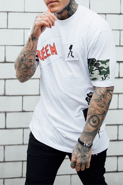 Creative Mens Floral Stripe Letter Hreem Print Short Sleeve Fitted Round Neck Graphic Tee Top