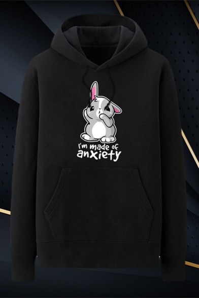 Dressy Cartoon Rabbit Letter I Am Made of Anxiety Printed Pocket Drawstring Long Sleeve Regular Fit Graphic Hoodie for Men