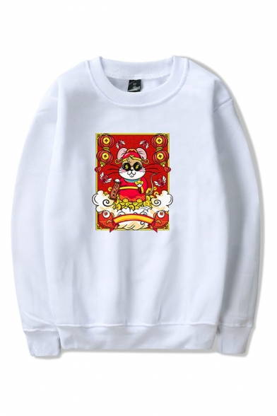 Fancy Mens Cartoon Mouse Lantern Cloud Pattern Chinese Letter Pullover Long Sleeve Round Neck Regular Fit Graphic Sweatshirt