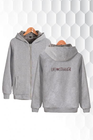 Fashion Mens Letter Life Is Strange Print Long Sleeve Zip up Sherpa Liner Relaxed Fit Hoodie