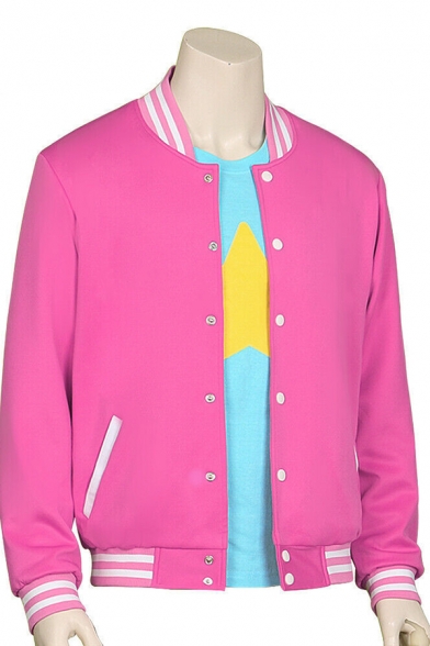 Fashion Mens Striped Print Long Sleeve Button down Relaxed Cosplay Baseball Jacket in Pink