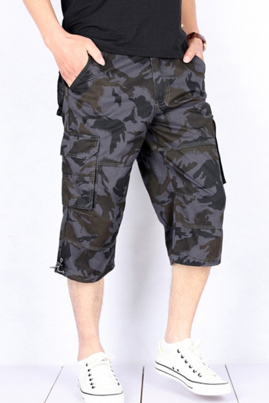 Fashion Shorts Camo Pattern Zip Fly Flap Pockets Button Detail Longline Straight Fit Cargo Shorts for Men