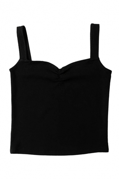 Fashion Womens Solid Color Ruched Sweetheart Neck Slim Fitted Tank Top in Black