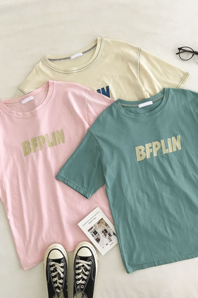Fashionable Womens Letter Bfplin Printed Contrast Piping Crew Neck Short Sleeve Regular Fitted Tee
