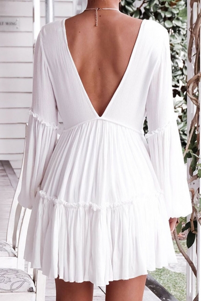 Gorgeous Ladies Blouson Sleeve V-neck Ruffled Trim Mini Pleated Swing Dress in White