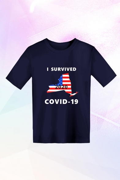 Guys Stylish Letter I Survived Covid-19 Flap Graphic Short Sleeve Crew Neck Relaxed T Shirt