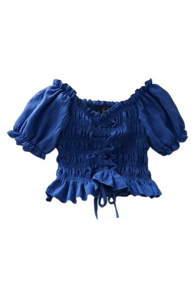 Hot Summer Womens Solid Color Pleated Tiered Drawstring Ruffle Trim V Neck Short Puff Sleeve Slim Fit Cropped Blouse Top