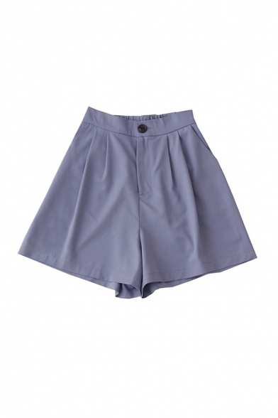 Hot Summer Womens Solid Color Pockets Pleated Zipper Button Detail Elastic Waist Wide Leg Shorts
