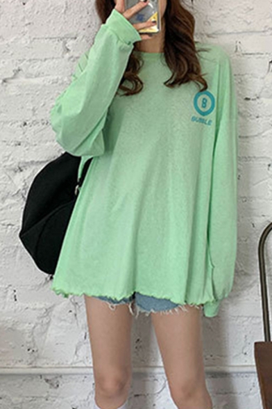 Korean Girls Letter Bubble Printed Stringy Selvedge Long Sleeve Round Neck Tunic Oversize T Shirt