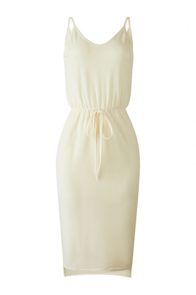 Ladies Stylish Solid Color Knitted Spaghetti Straps V-neck Drawstring Waist Slit Side Mid Shift Cami Dress