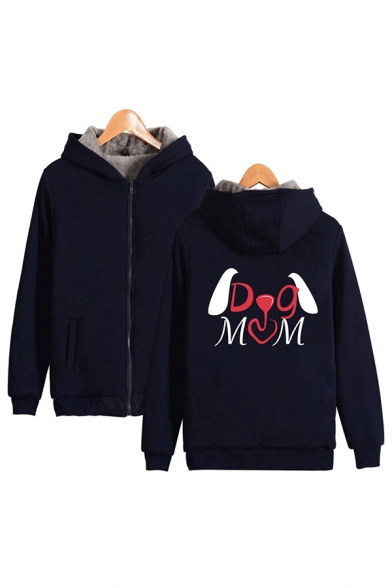 Leisure Letter Sherpa Liner Dog Mom Graphic Long Sleeve Zip up Loose Fit Hoodie