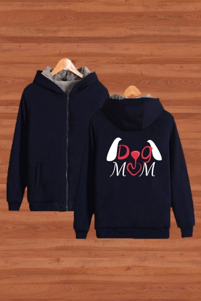 Leisure Letter Sherpa Liner Dog Mom Graphic Long Sleeve Zip up Loose Fit Hoodie