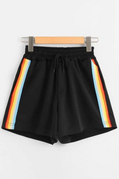 Leisure Womens Colorful Stripe Printed Drawstring Waist Relaxed Shorts in Black