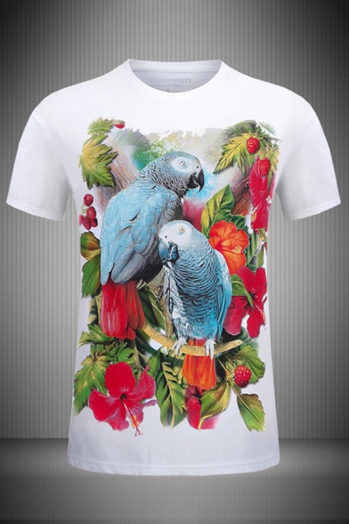 Mens 3D Stylish Parrot Floral Printed Slim Fitted Round Neck Short Sleeve T-Shirt