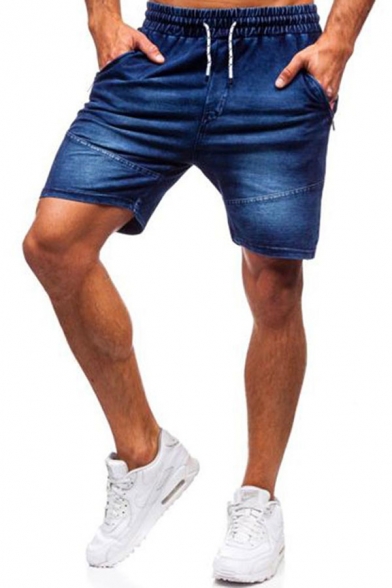 Mens Cool Solid Color Pocket Drawstring over the Knee Length Slim Denim Shorts