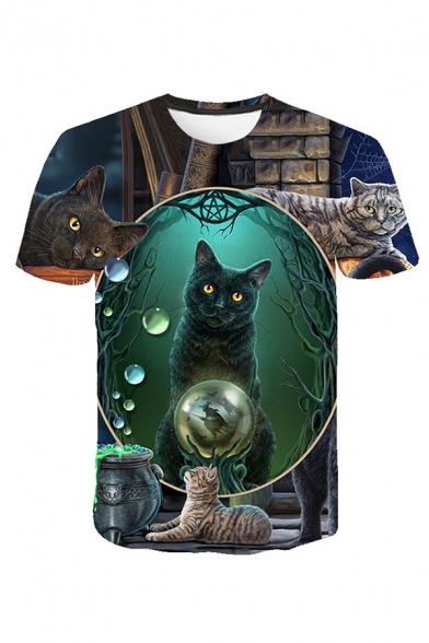 Mens Creative Cats 3D Printed Round Neck Short Sleeve Regular Fit Tee Top
