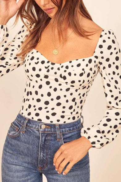 Polka Dot Pattern Long Sleeve Sweetheart Neck Fitted Stylish Blouse Top in White